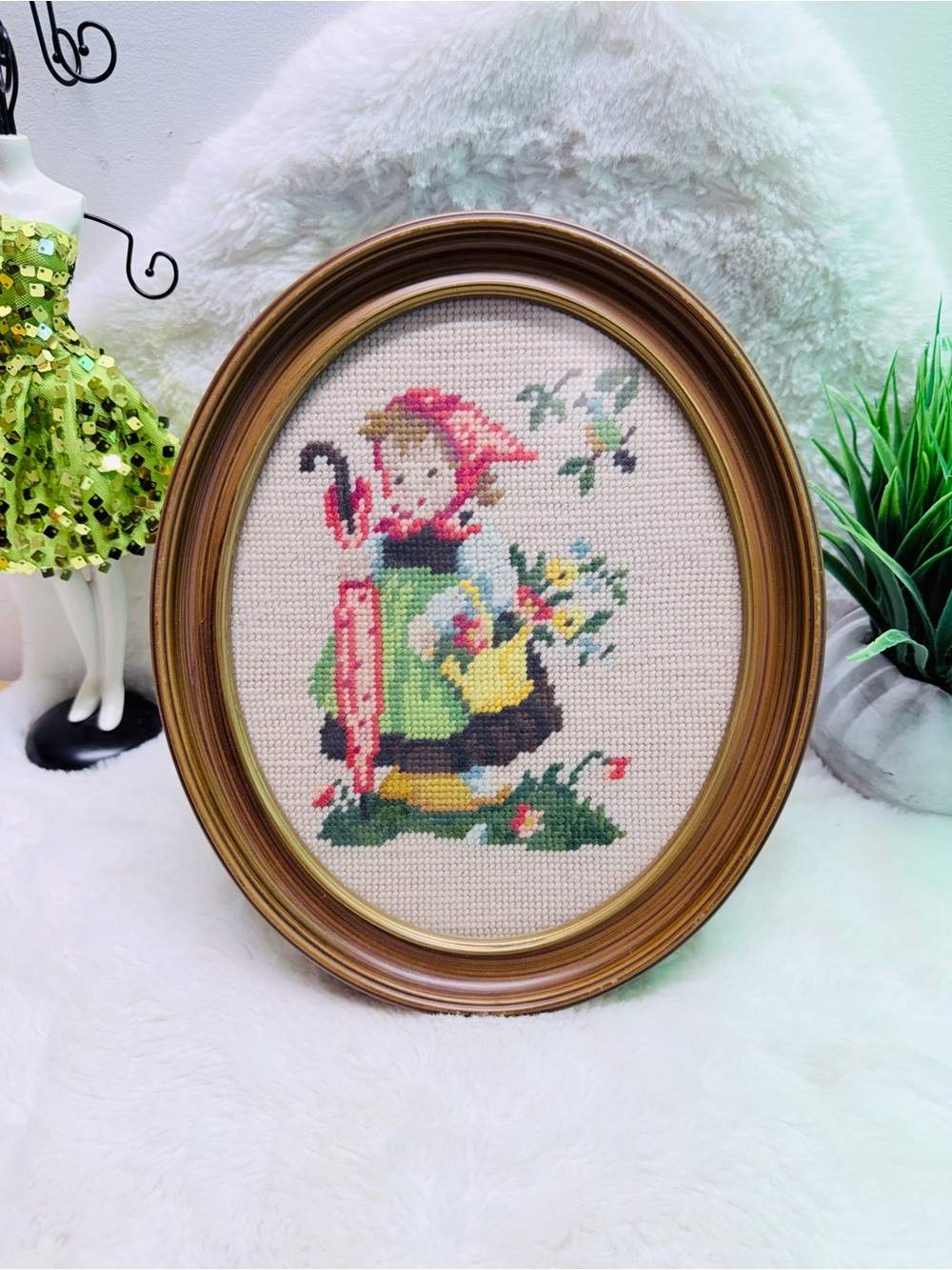 10”x12” Vintage Framed Hand-Embroidered Girl Cross Stitch - Green & Pink 💝